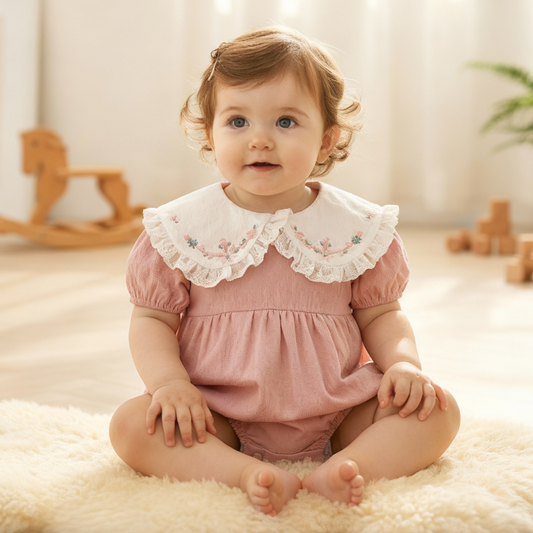 Pelele para Niñas y Bebés con Encaje Floral y Bordado Dulce